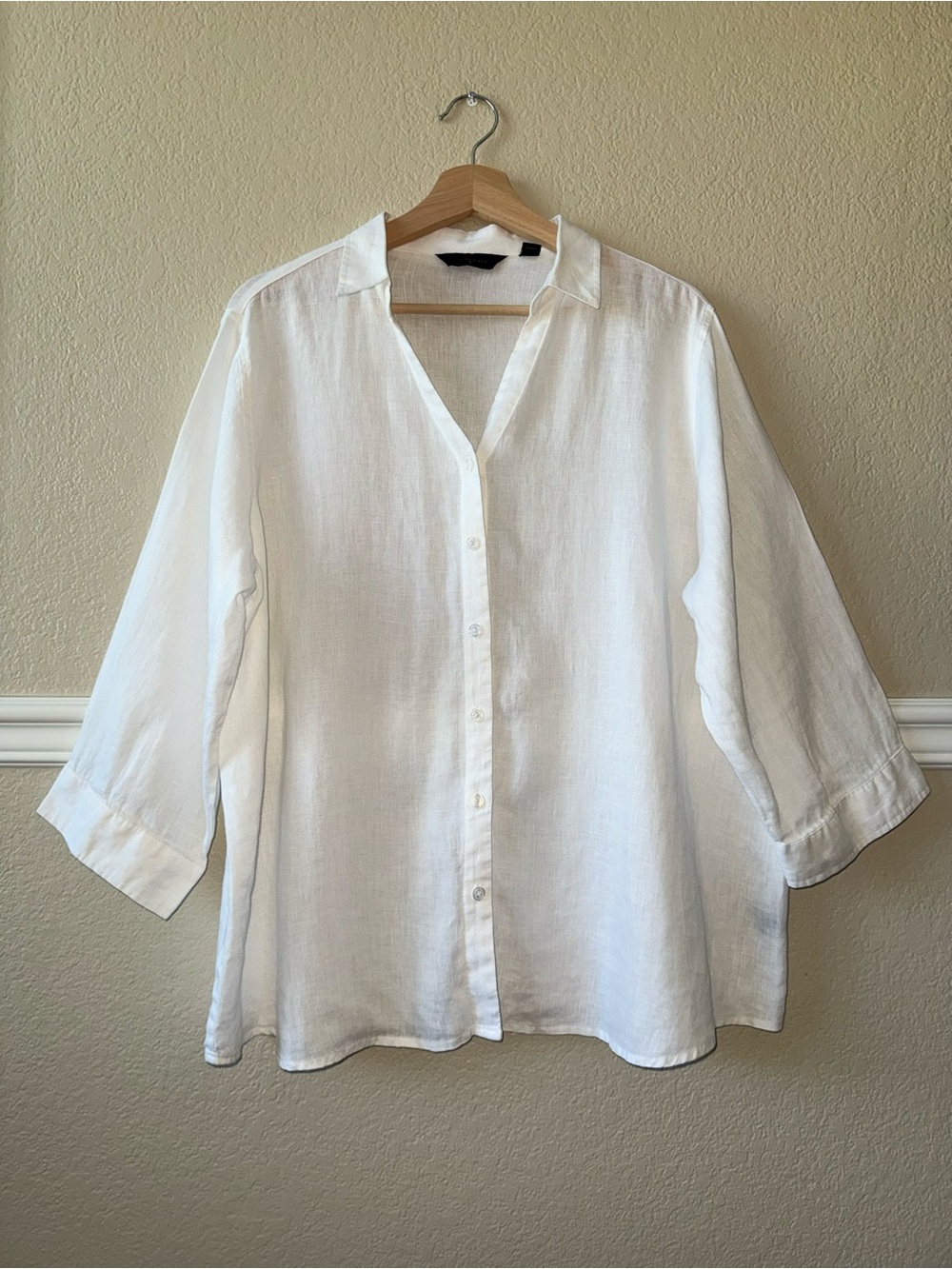 100% Linen Crisp White Button V Neck Blouse Coastal Minimalist Lagenlook 1X